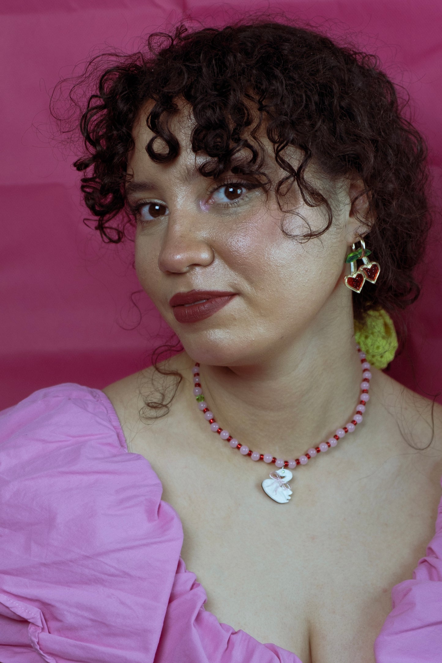 Pink Cherry Heart Hoop Earrings