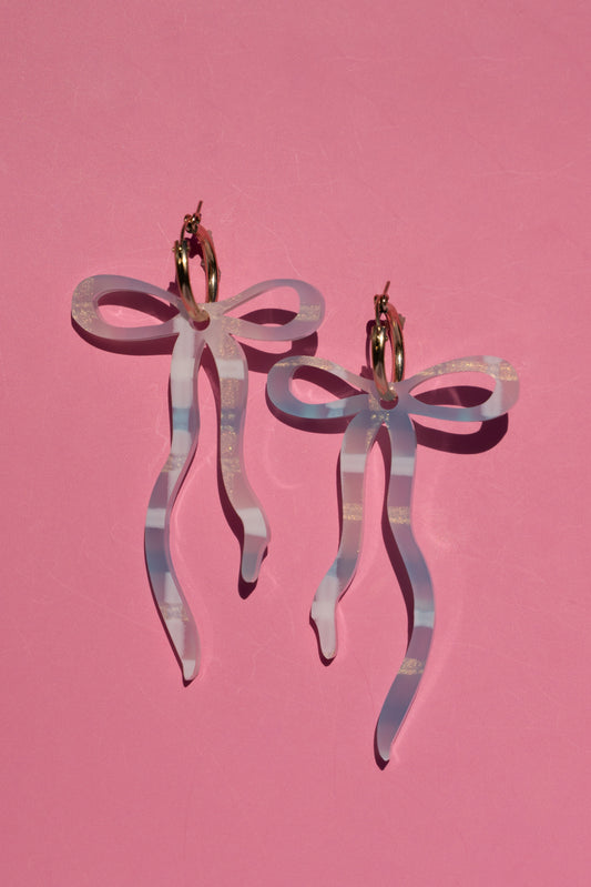 Baby Blue Tartan Dangly Bow Hoop Earrings