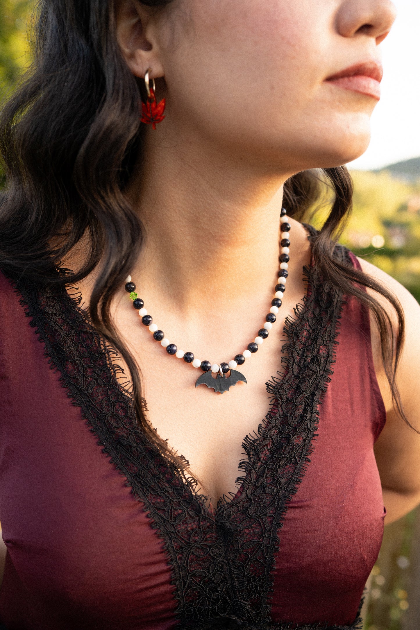 Black and White Bat Beaded Necklace