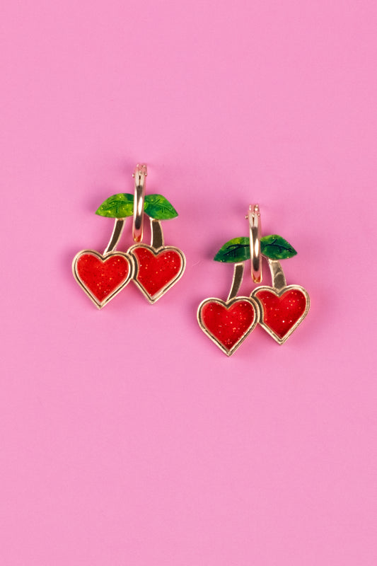 Red Cherry Heart Hoop Earrings