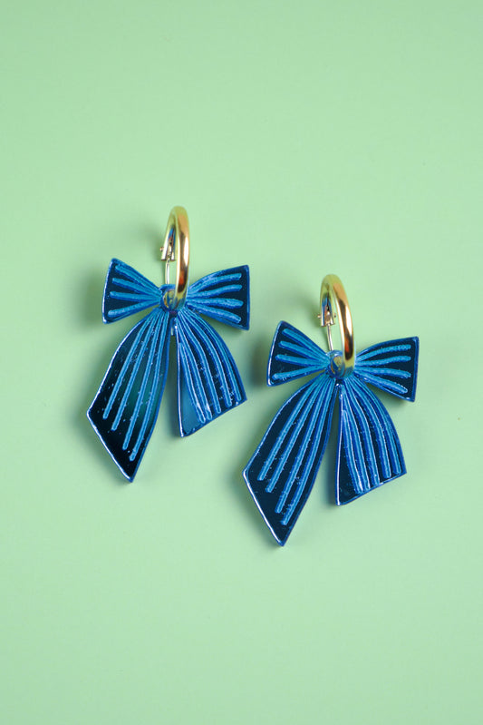 Blue Striped Bow Hoop Earrings