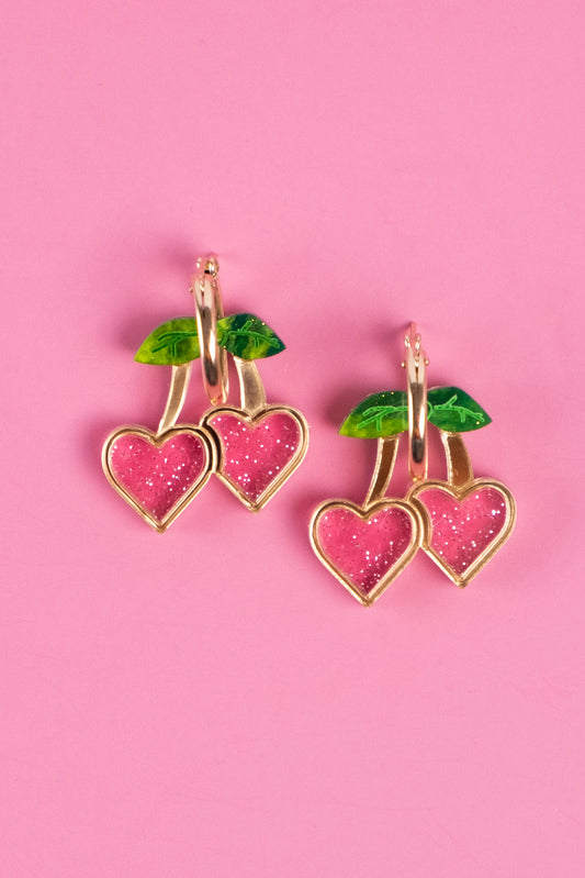 Pink Cherry Heart Hoop Earrings