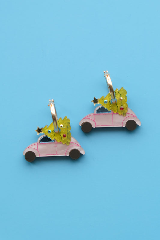 Classic Christmas Tree Car Hoop Earrings