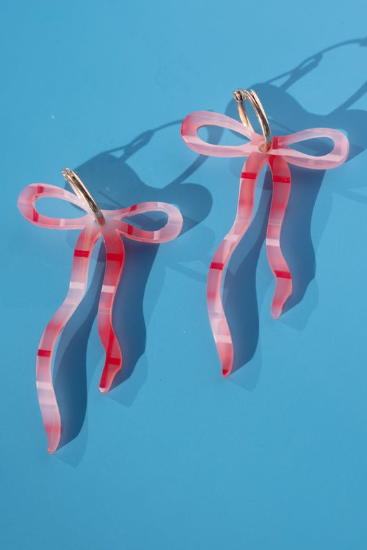 Pink Tartan Dangly Bow Hoop Earrings
