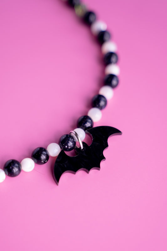 Black and White Bat Beaded Necklace