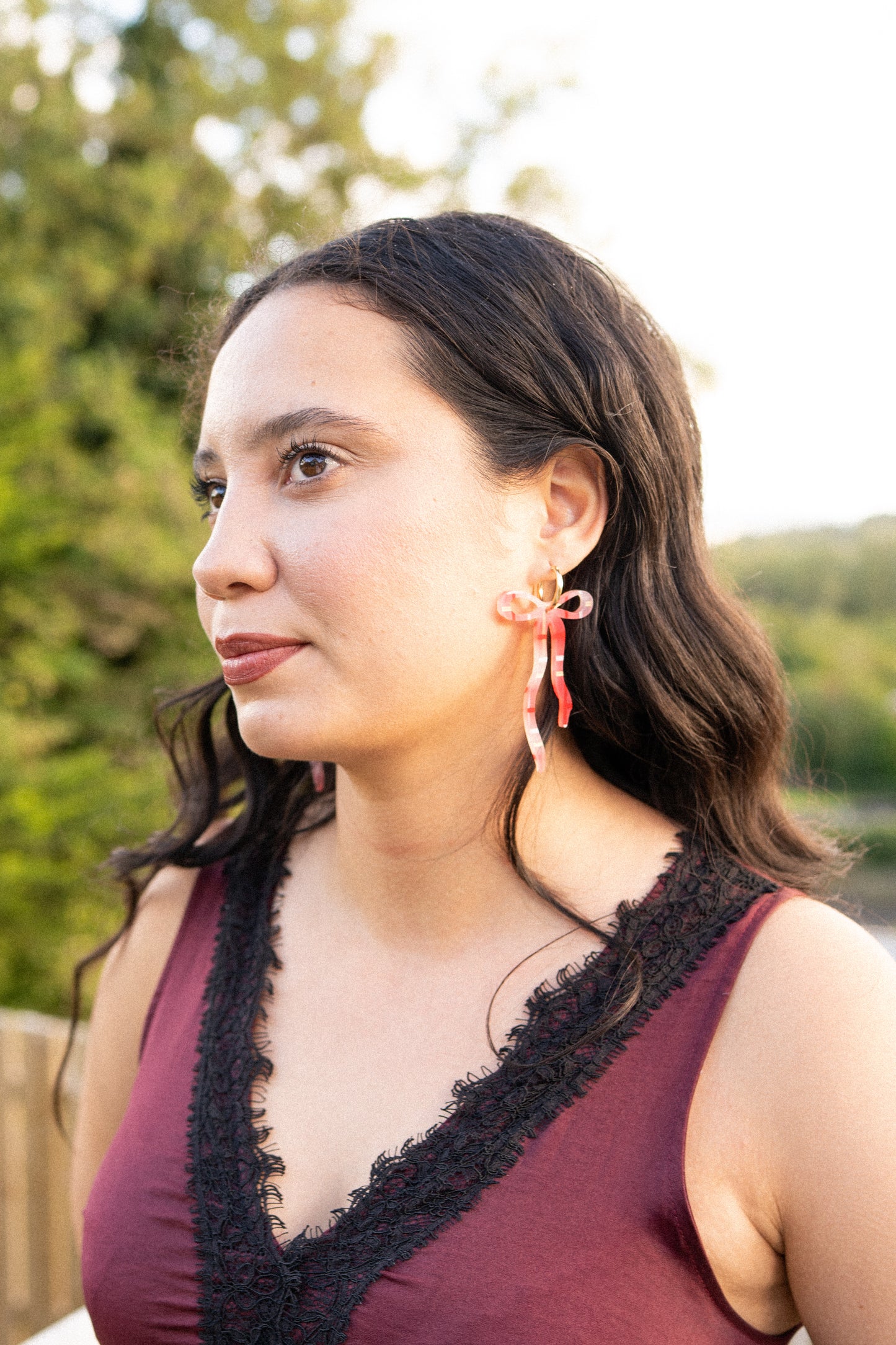 Baby Blue Tartan Dangly Bow Hoop Earrings