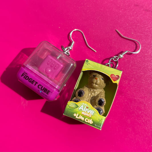 Fidget Cube and Alive Mini Lion Bear Earrings
