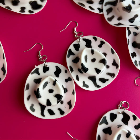 Cow Print Cowgirl Hat Earrings - Cuteryko