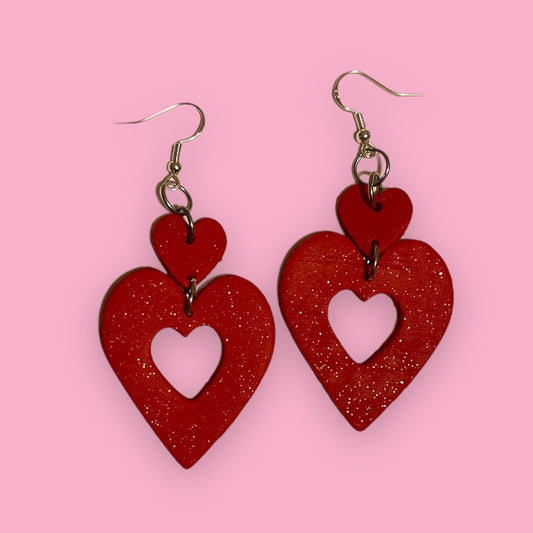 Glitter Red Heart Clay Earrings