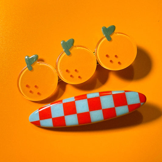 Oranges and Checkered Hair Clips